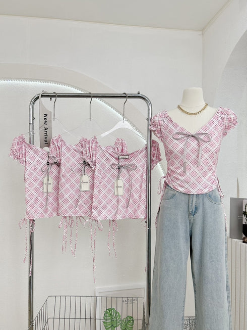 Women V-Neck Side Ruched Tops